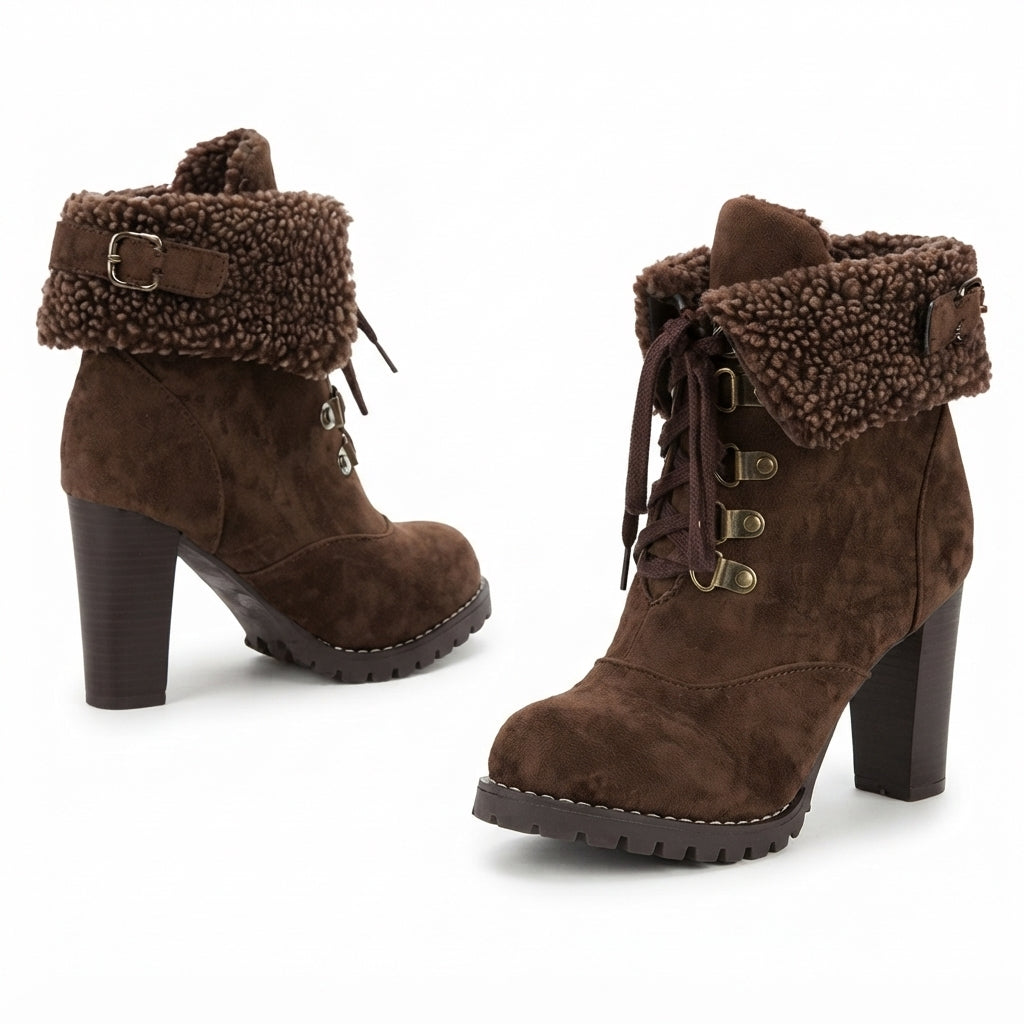 Lorraine | Chunky Heel Faux Fur Lace-Up Black Ankle Boots