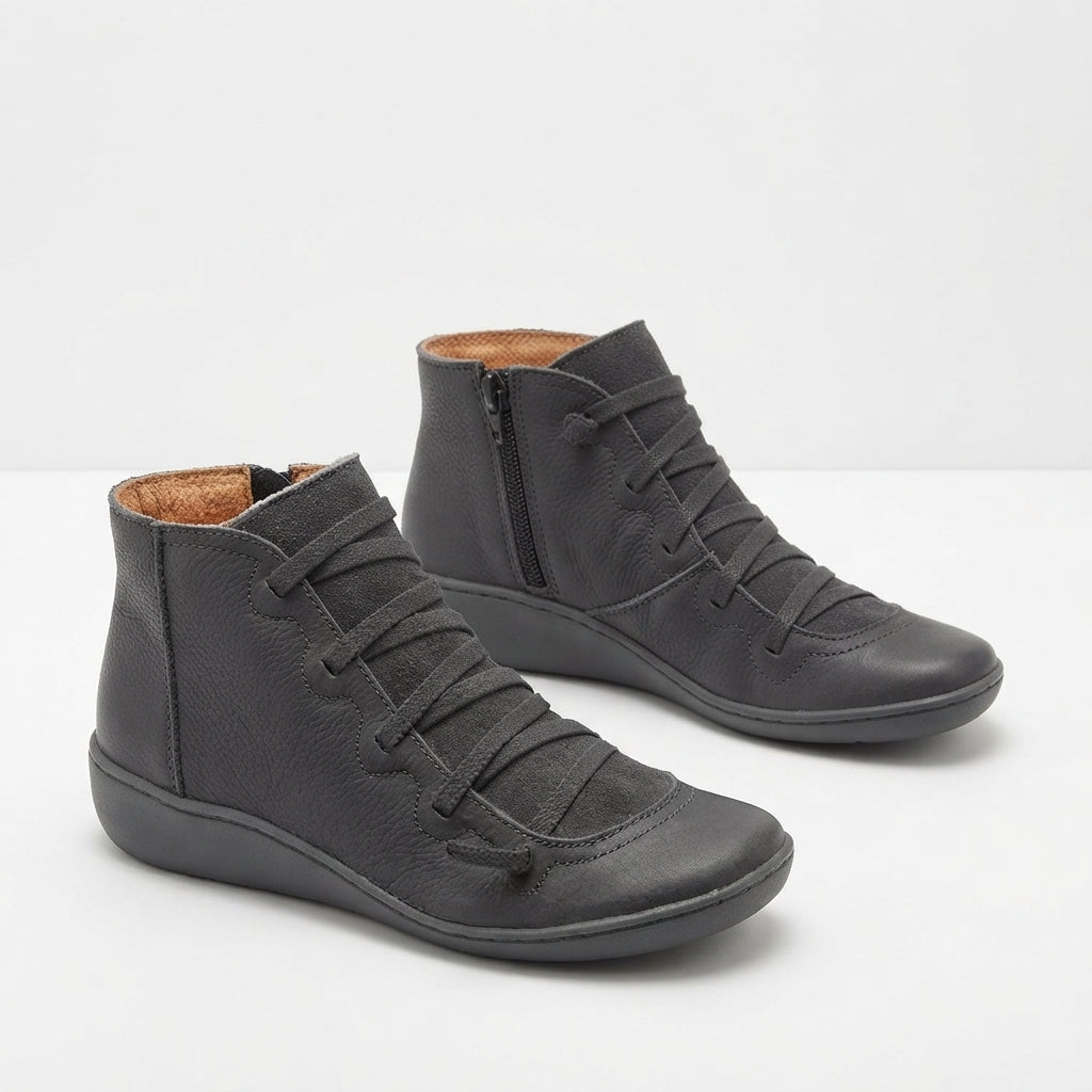 Camille | Low Heeled Black Leather Ankle Boots — Grey