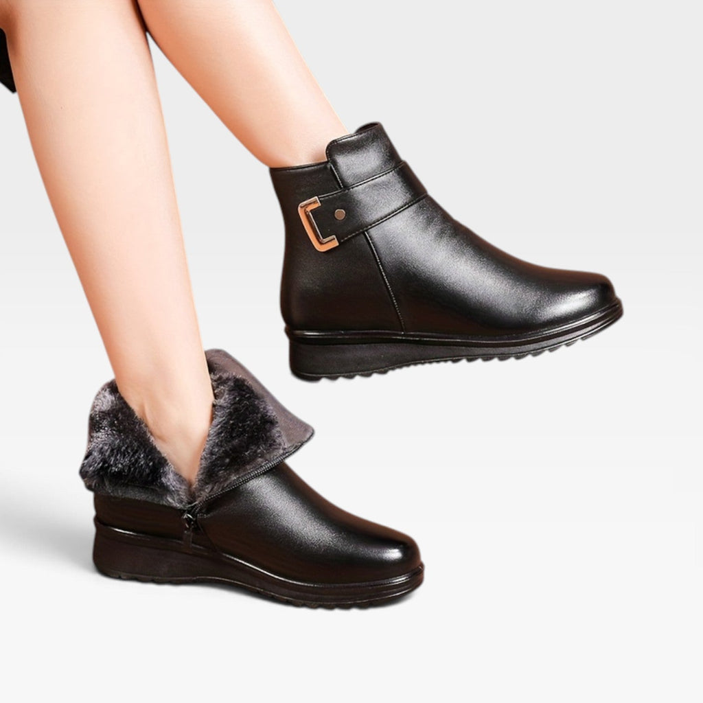 Thalia | Black Leather Low Heel Ankle Boots Flat