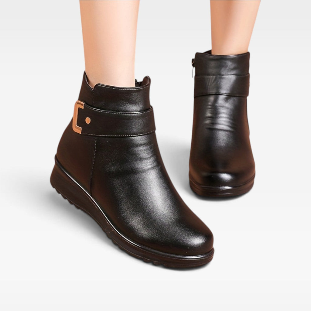 Thalia | Black Leather Low Heel Ankle Boots Flat