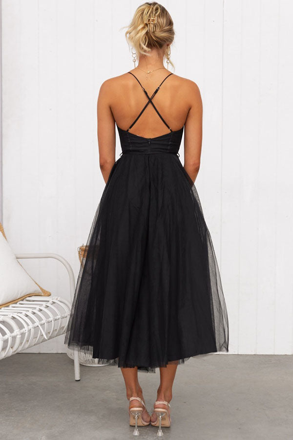 Esmee | Black Corset Tulle Midi Dress For Weddings And Events
