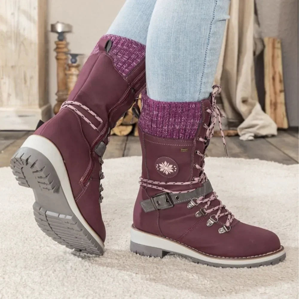Cordelia | Black Leather Winter Snow Boots With Knit Cuff