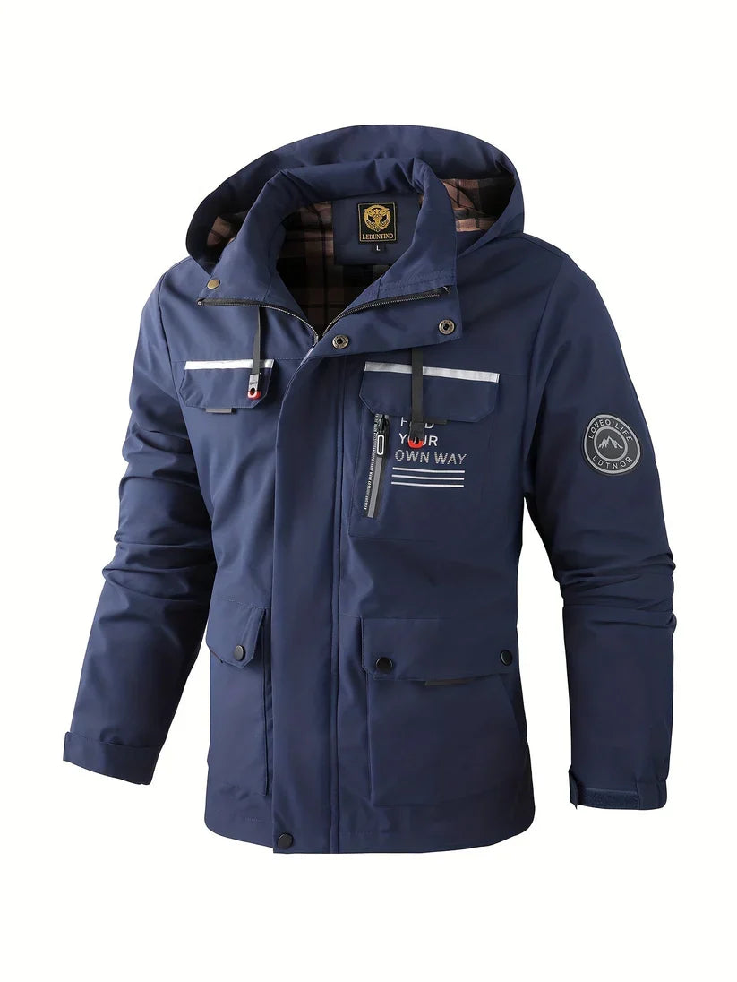 Percival | Men Winter Puffer Jacket Coat Hooded Leather Trim — Navy Blue
