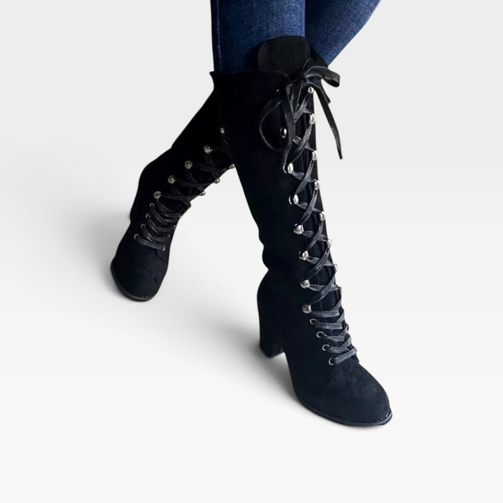 Arabella | Black Brown Lace Up Leather Block Heel Ankle Boots — Black