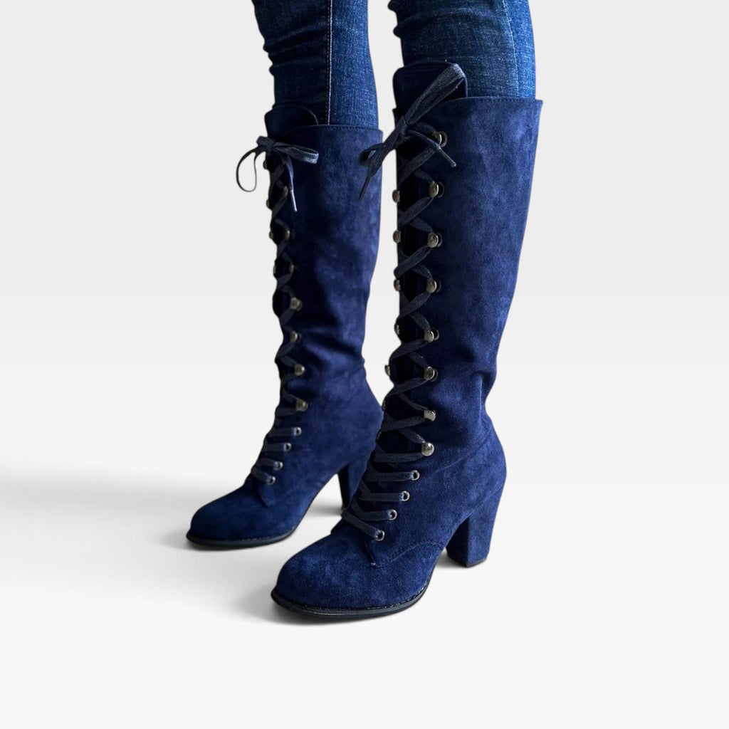 Arabella | Black Brown Lace Up Leather Block Heel Ankle Boots — Blue