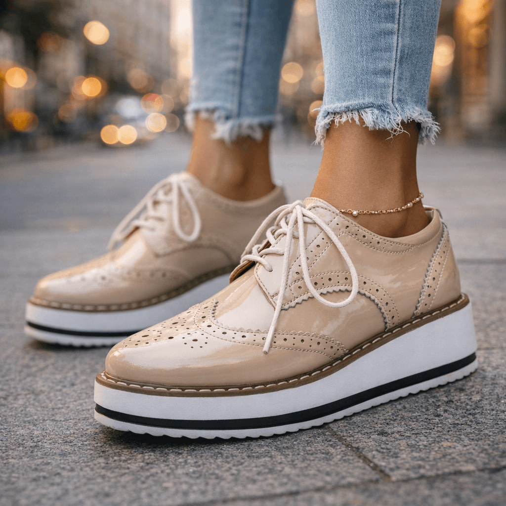 Penelope | Velvet Platform Heels Brogue Detail Occasion Shoes — Beige