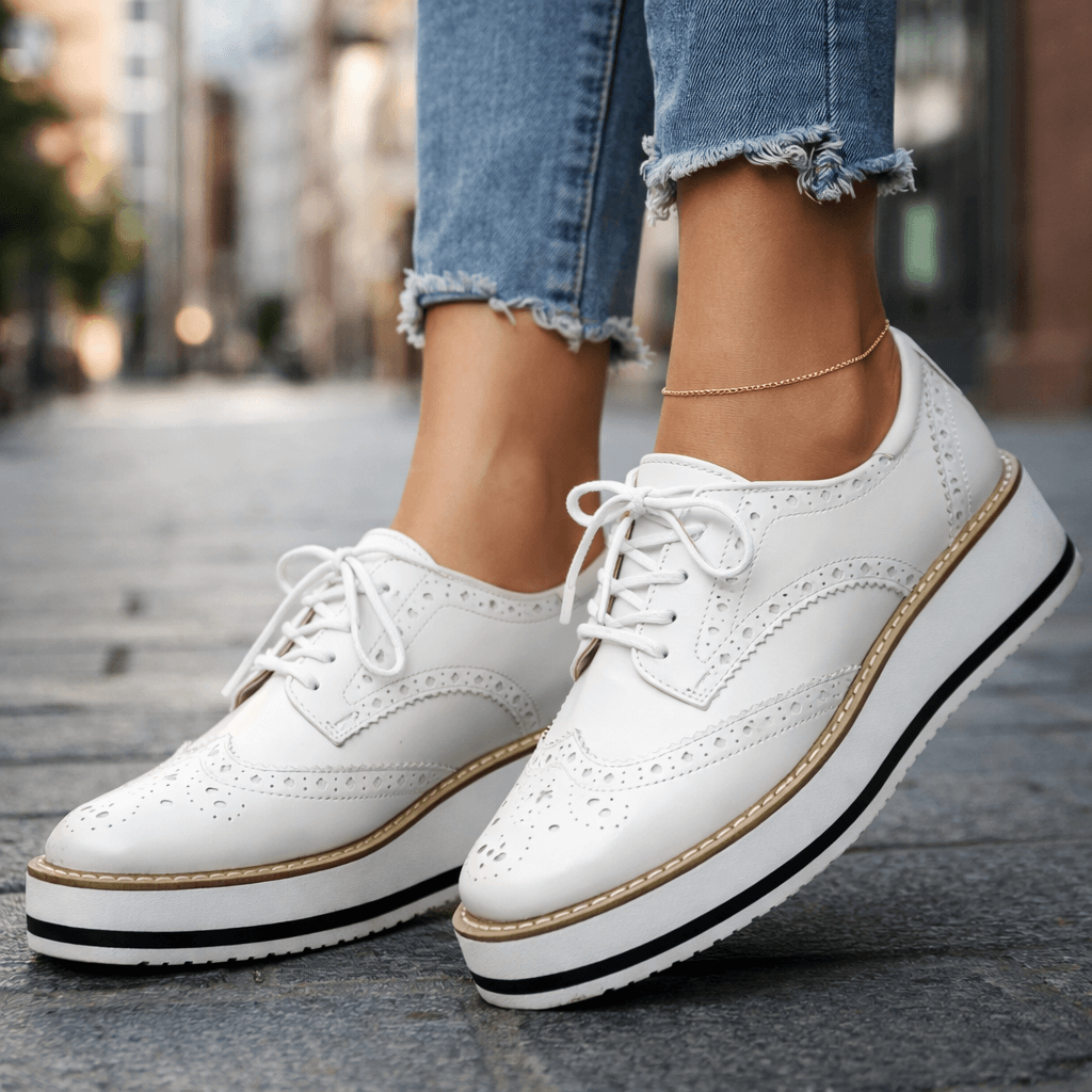 Penelope | Velvet Platform Heels Brogue Detail Occasion Shoes — White