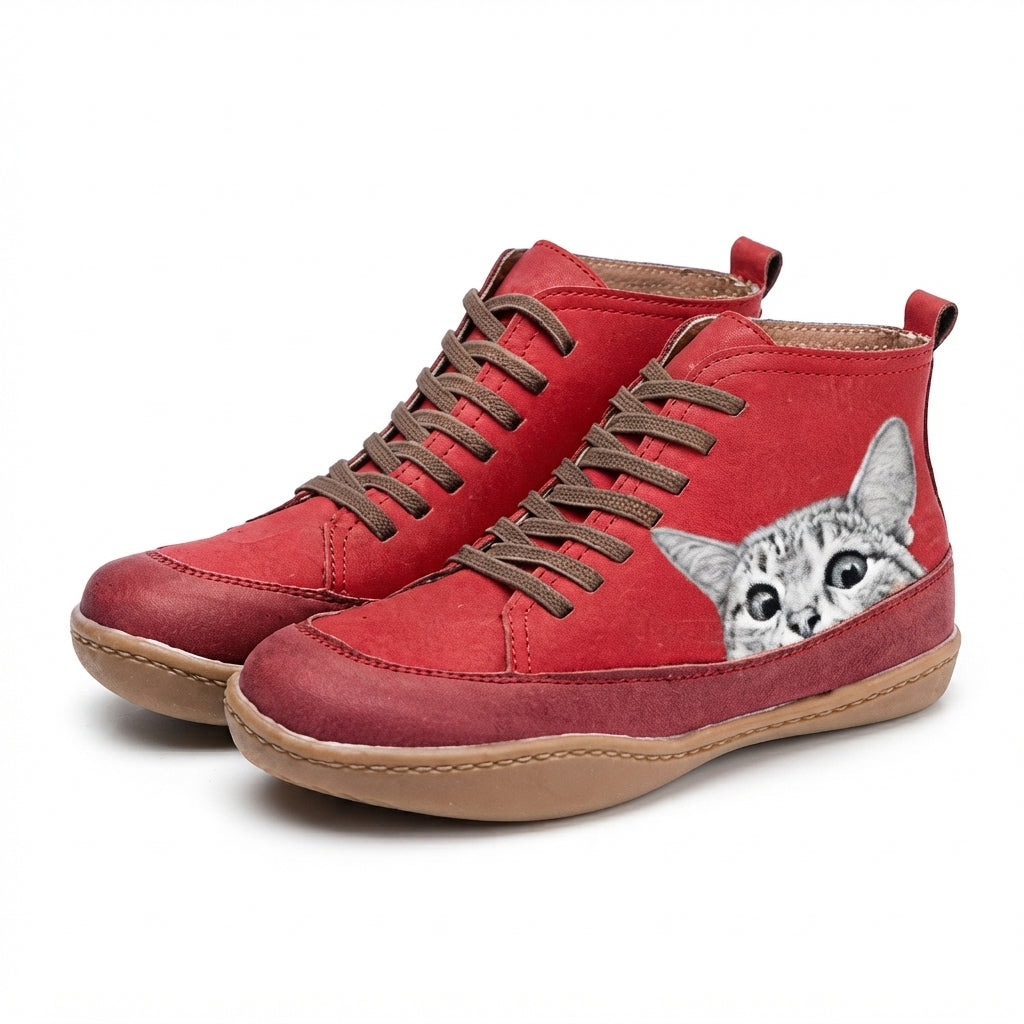 Ursula | Black Brown Heeled Ankle Boots With Cat Print Detail — Red