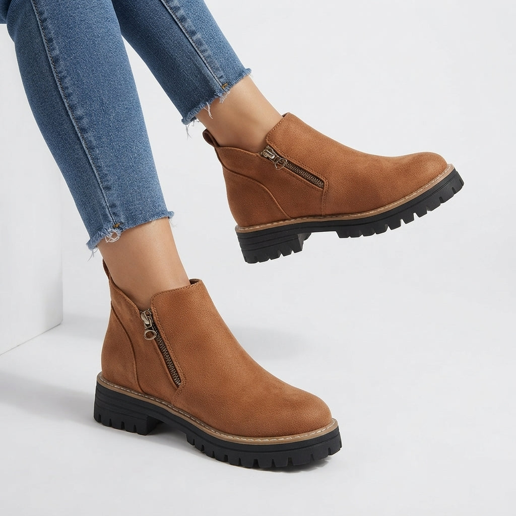 Floriane | Flat Heeled Ankle Boots in Black & Brown — Brown