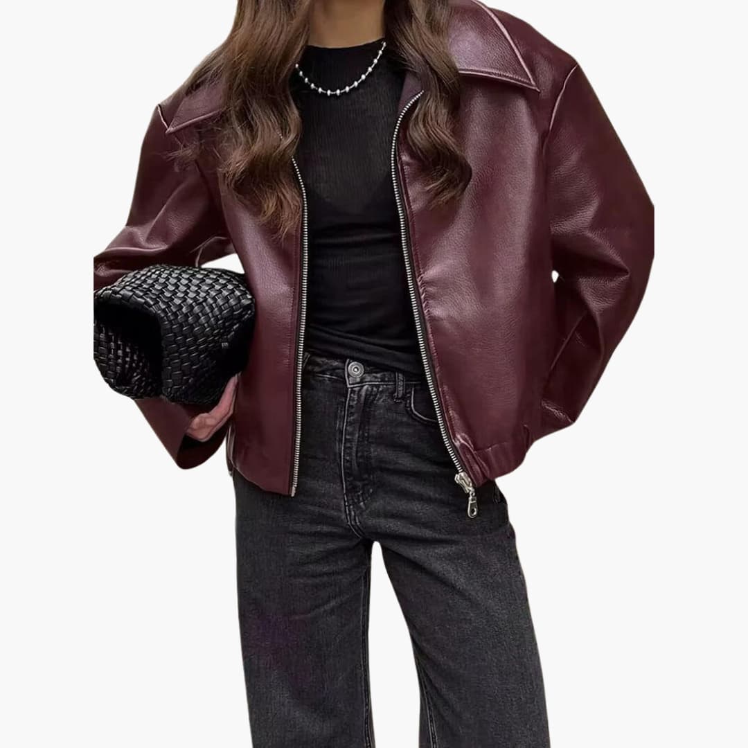 Maelys | Women Burgundy Leather Bomber Jacket