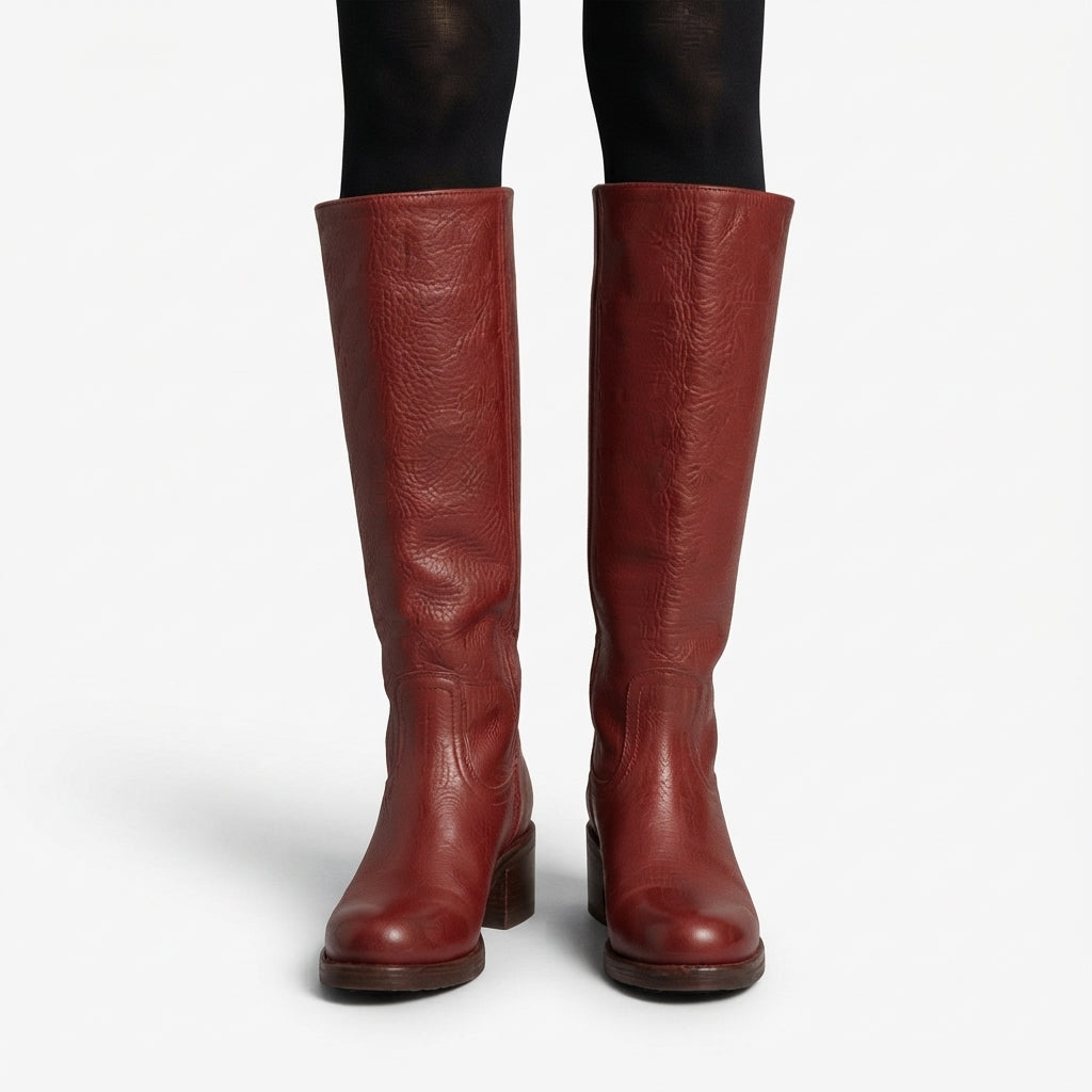 Lavinia | Black Leather Knee High Wide Fit Boots — Red
