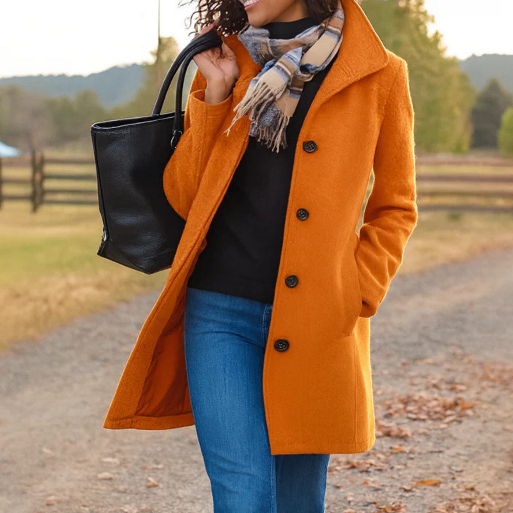 Oceane | Black Long Winter Coat Full Length Button Front — Orange