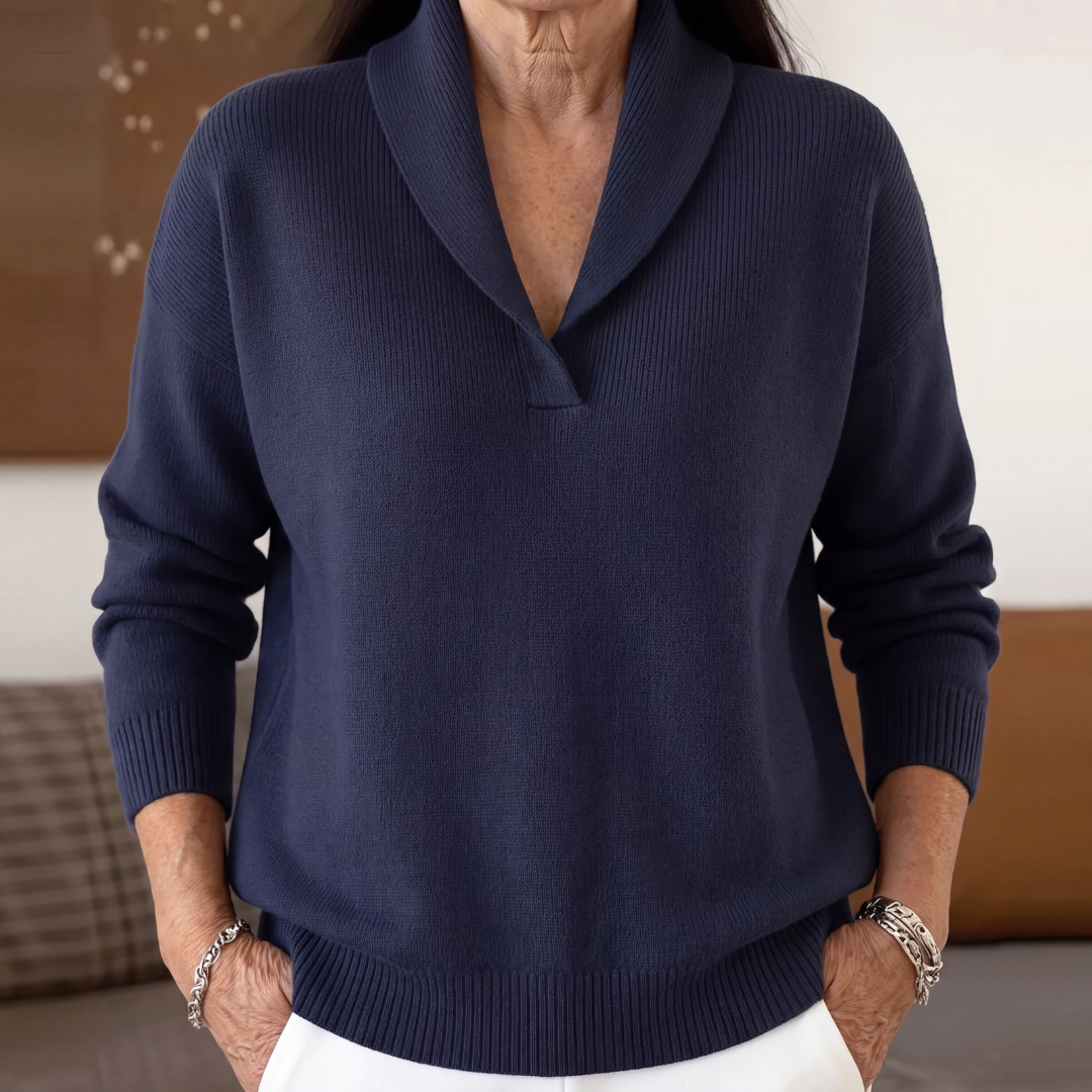 Cordelia | Cashmere Wool V Neck Roll Jumper Winter Knitwear — Blue