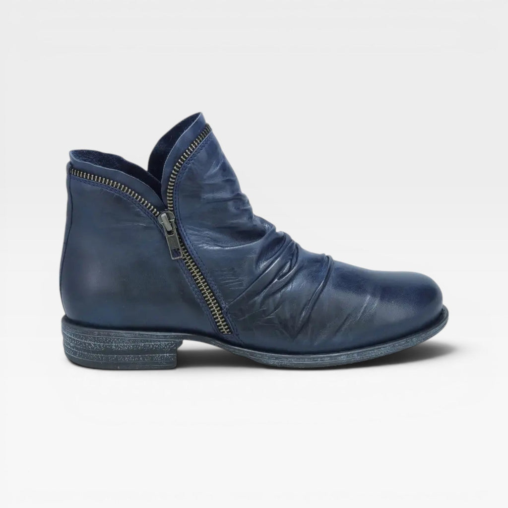 Liliana | Black Leather Low Heel Ankle Boots With Side Zip — Blue