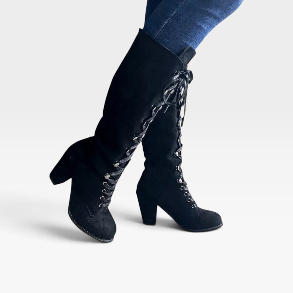 Arabella | Black Brown Lace Up Leather Block Heel Ankle Boots