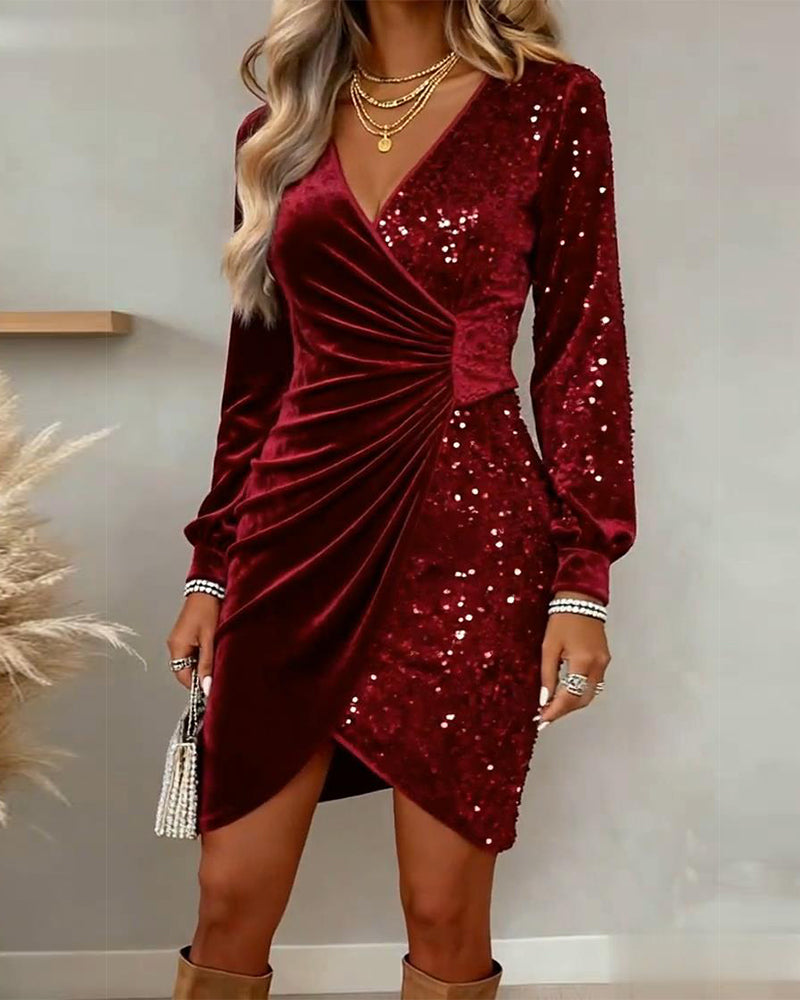Fenella | Long Sleeve Velvet Sequin Mini Dress Green Silver White