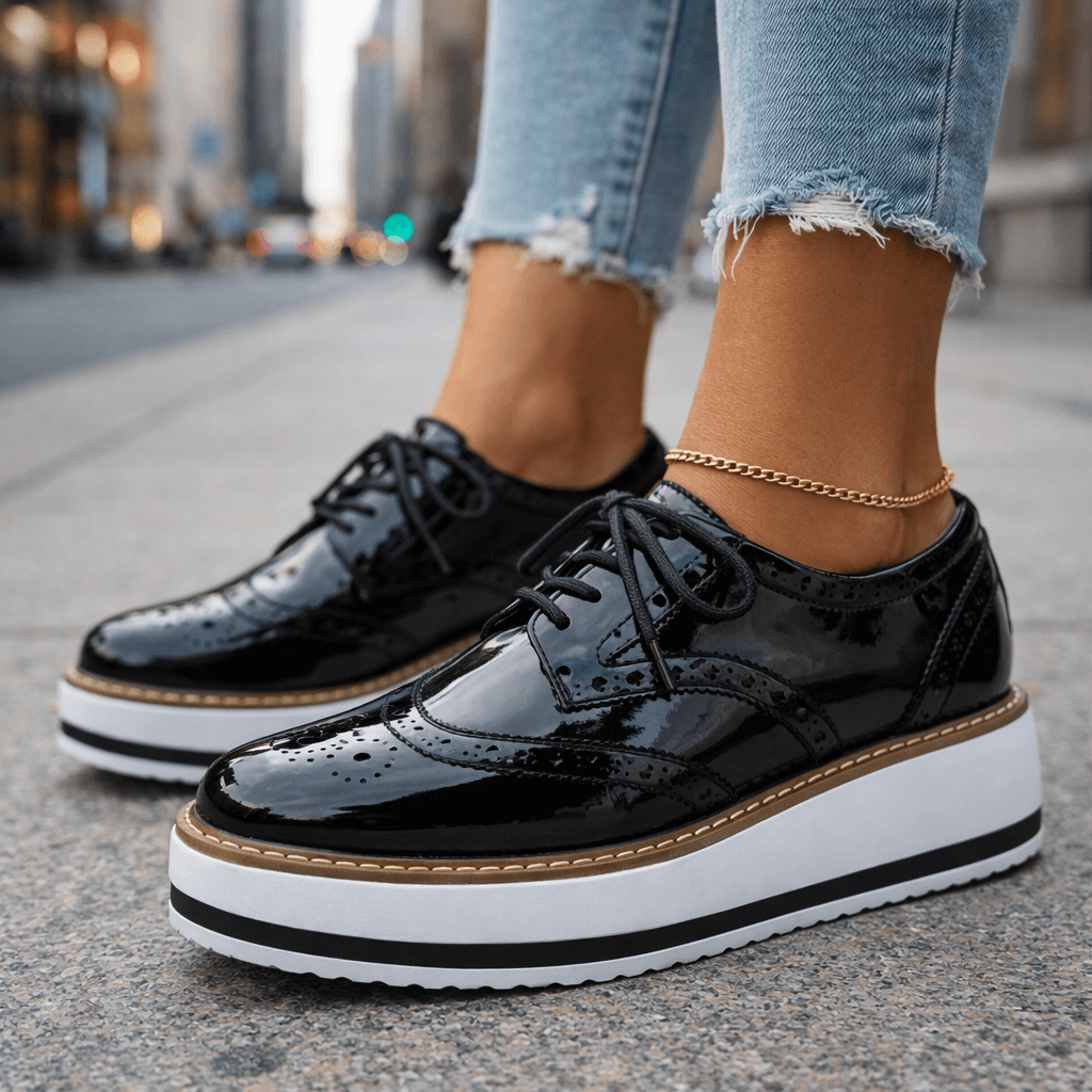 Penelope | Velvet Platform Heels Brogue Detail Occasion Shoes — Black