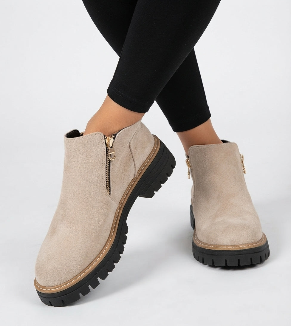 Floriane | Flat Heeled Ankle Boots in Black & Brown — Beige