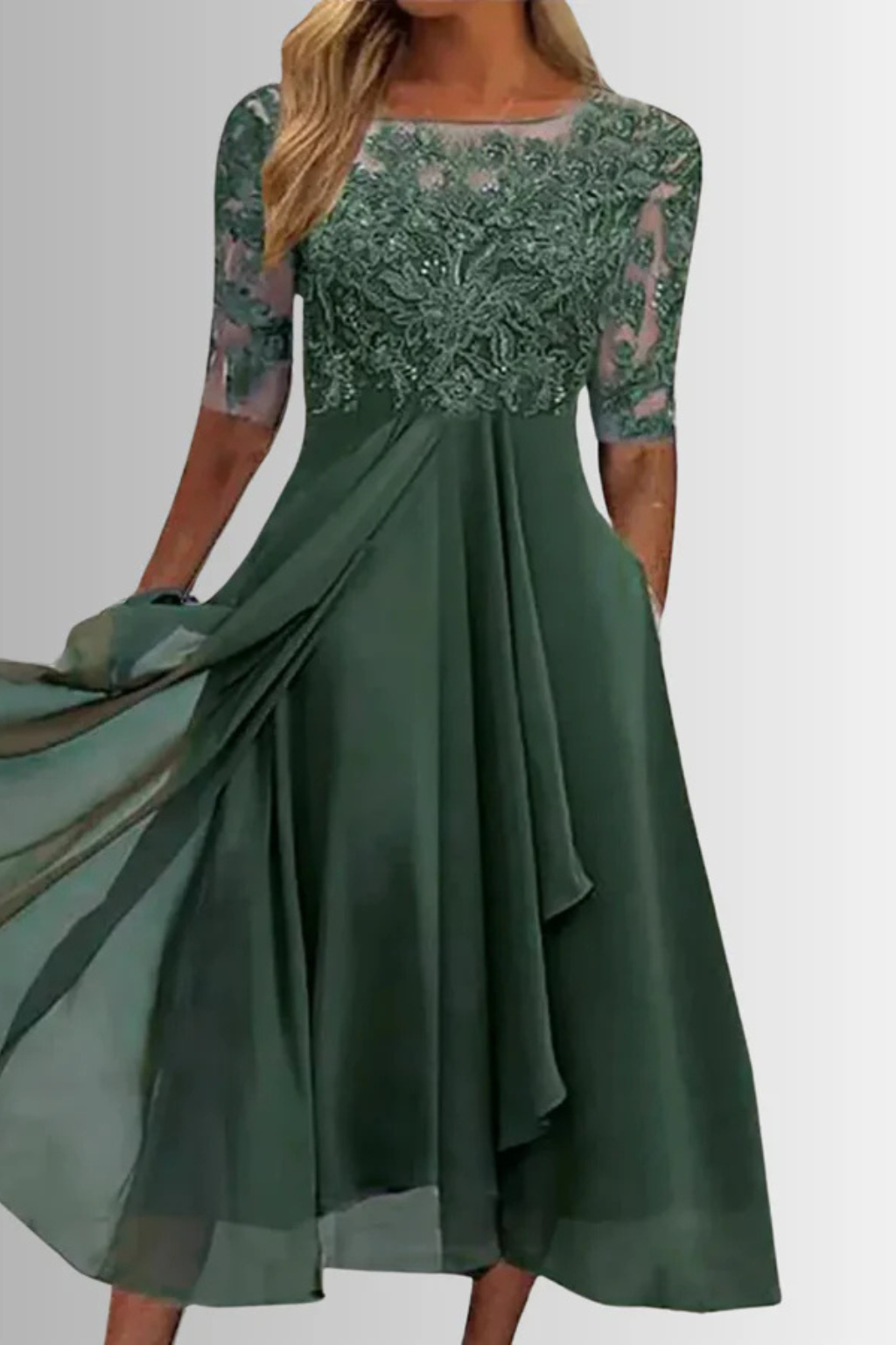 Edith | Women Long Sleeve Chiffon Midi Wedding Guest Dresses
