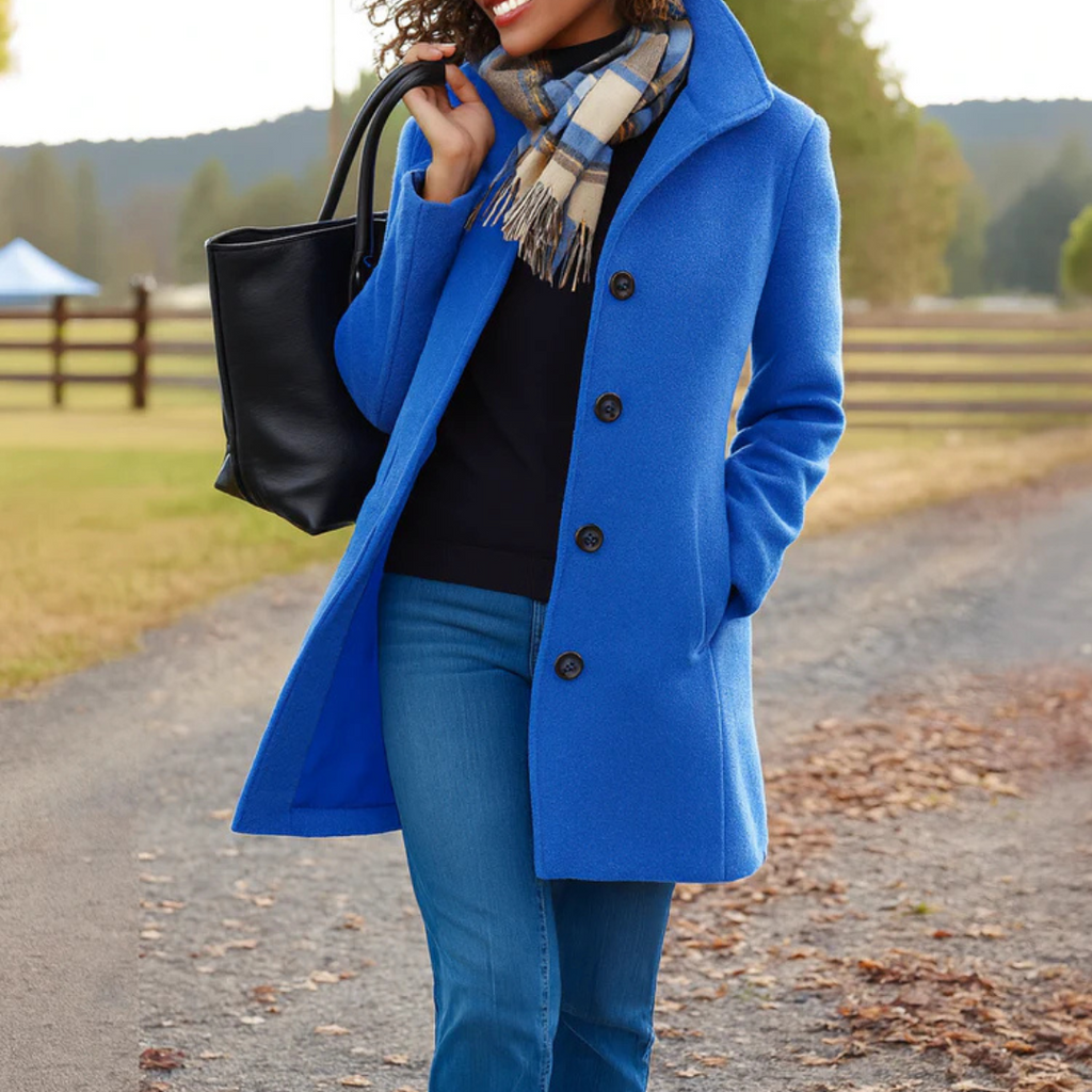 Oceane | Black Long Winter Coat Full Length Button Front — Blue