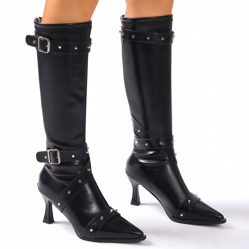 Seraphina | Black Leather Block Heel Knee High Boots
