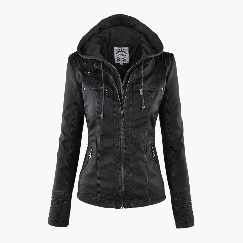 Beatrix | Black Faux Leather Jacket with Fur Trim for Edgy Style