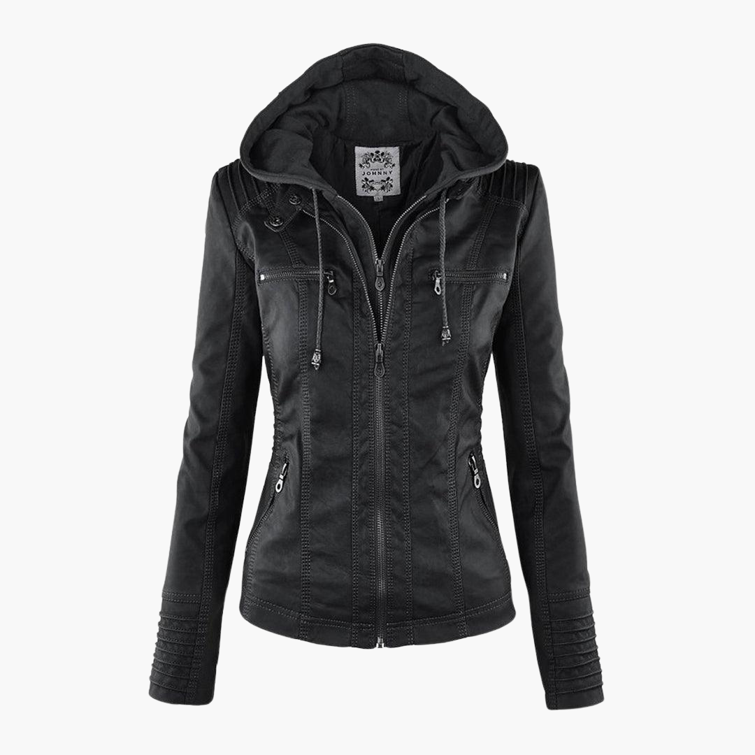 Beatrix | Black Faux Leather Jacket with Fur Trim for Edgy Style