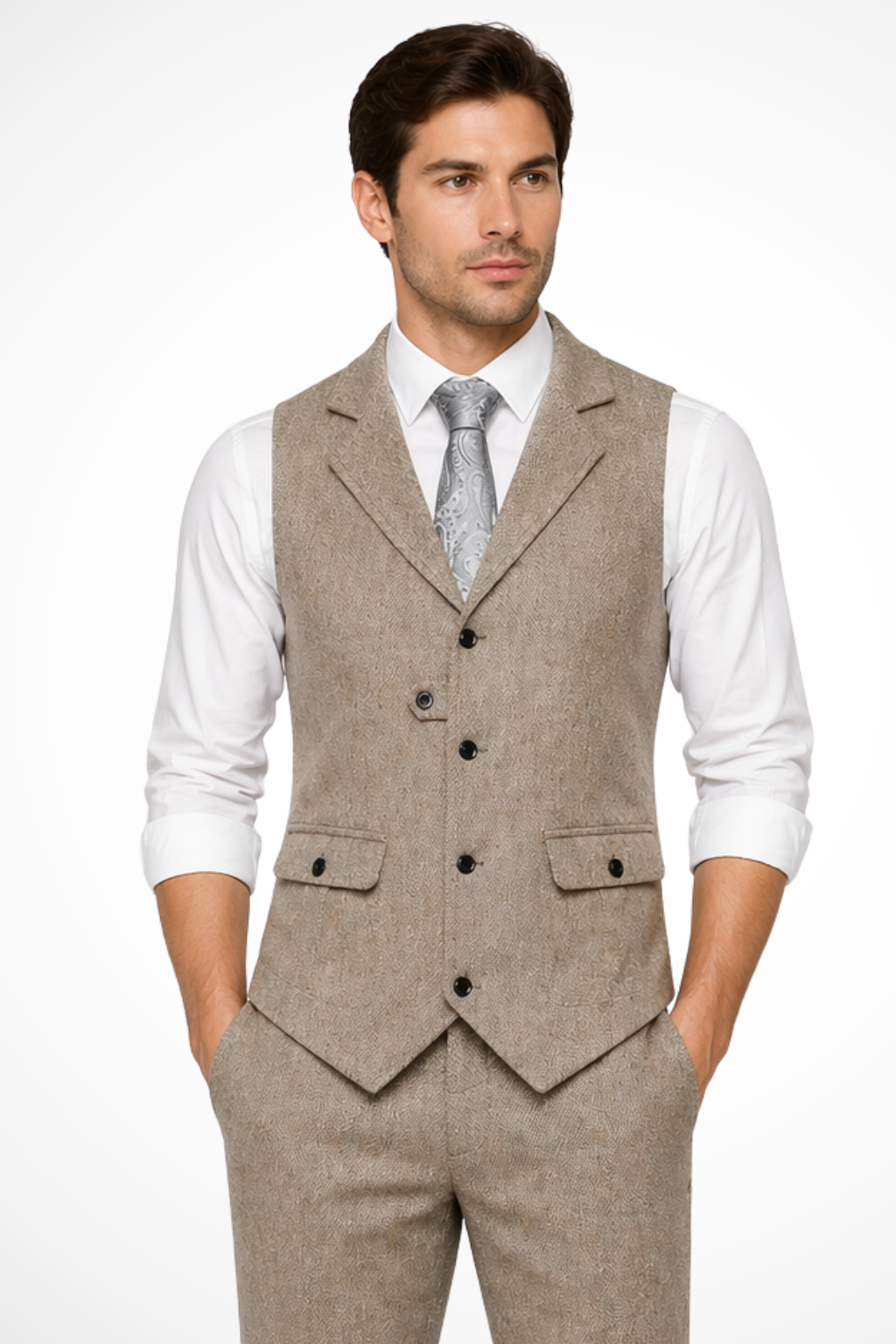 Isaac | Men Herringbone Tweed Wedding Waistcoat Tailored Fit