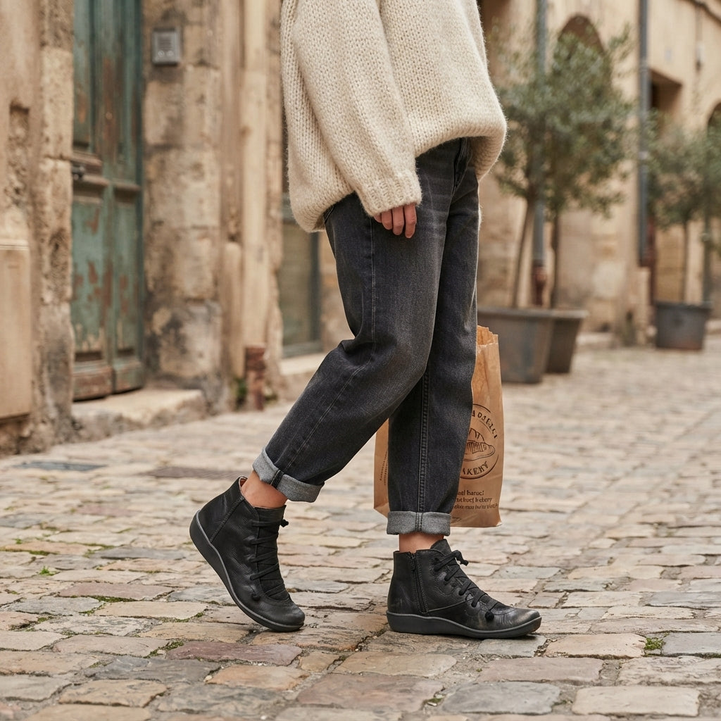 Camille | Low Heeled Black Leather Ankle Boots