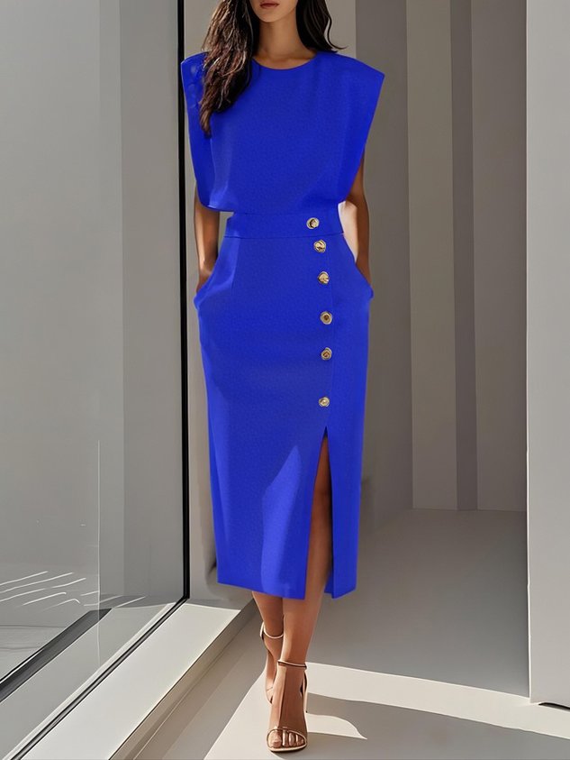 Octavia | Women Formal Midi Dress With Button Slit Detail — Royal Blue