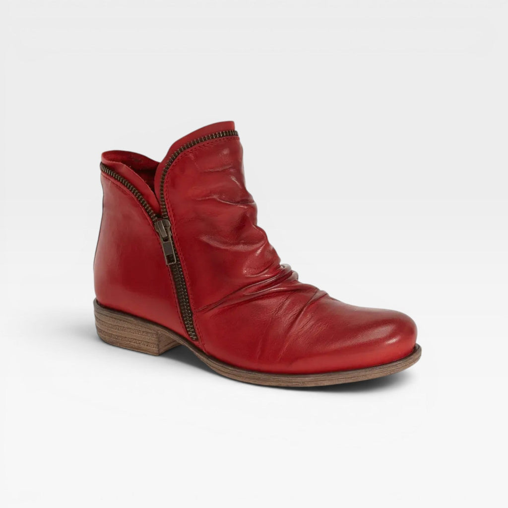 Liliana | Black Leather Low Heel Ankle Boots With Side Zip — Red