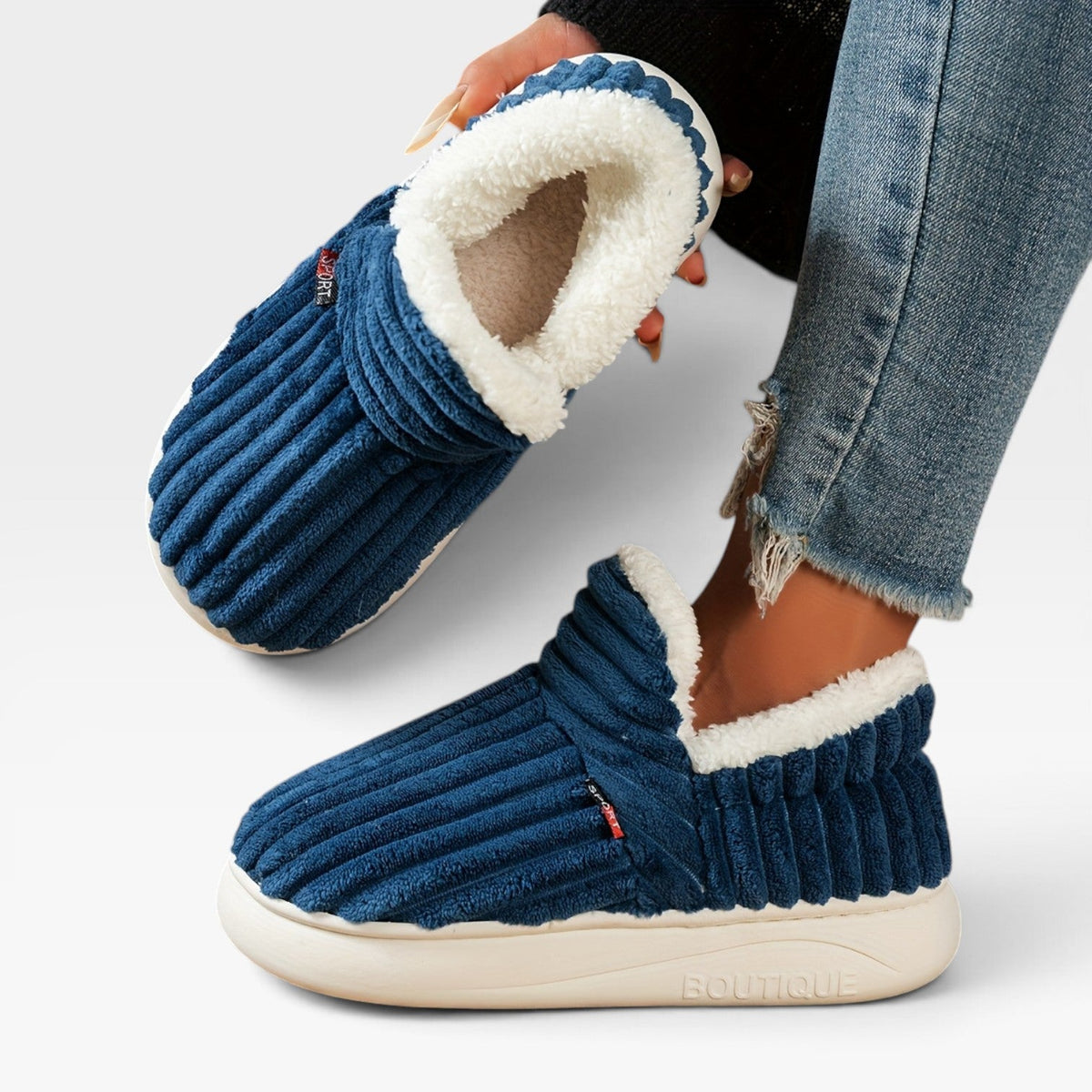 Sylvie | Chunky Brown Winter Slipper Boots Corduroy — Navy Blue