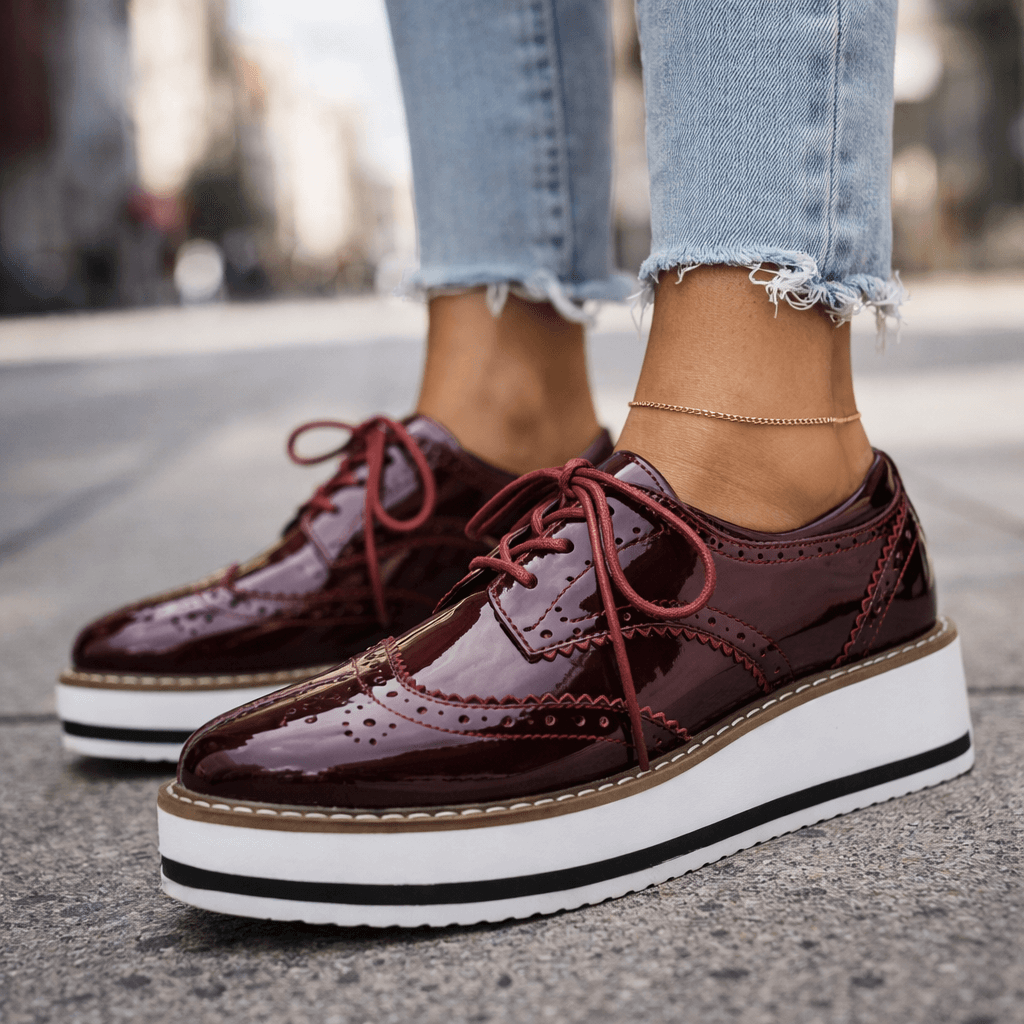 Penelope | Velvet Platform Heels Brogue Detail Occasion Shoes — Wine Red