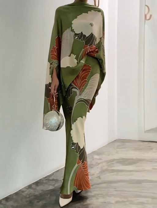 Thalia | Women Knitted Co-Ord Set Botanical Print Kimono Top Skirt — Olive Green