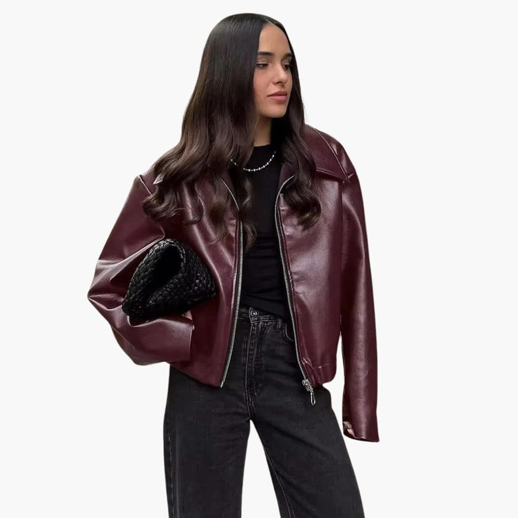 Maelys | Women Burgundy Leather Bomber Jacket