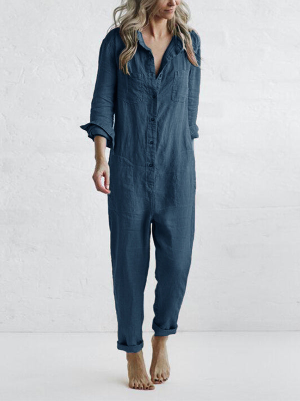 Amandine | Comfy Long Sleeve Cotton Jumpsuit With Pockets