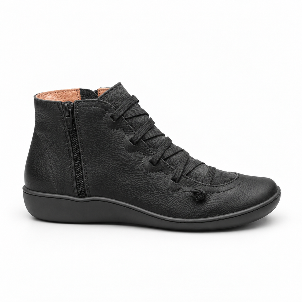 Camille | Low Heeled Black Leather Ankle Boots — Black