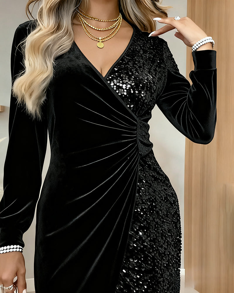 Fenella | Long Sleeve Velvet Sequin Mini Dress Green Silver White