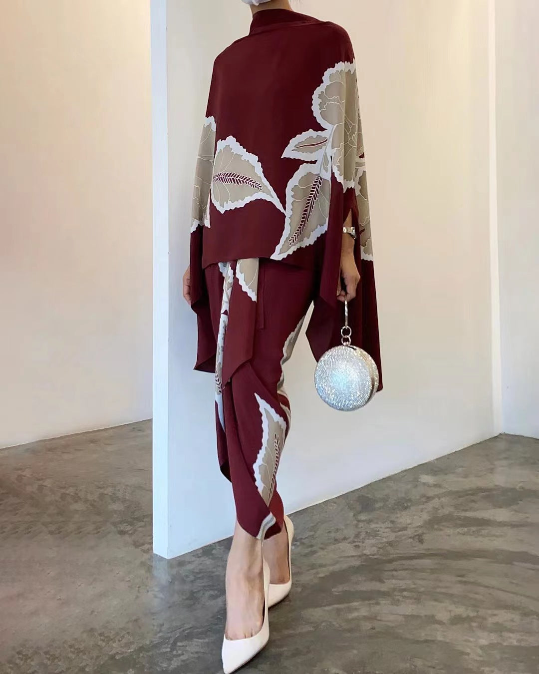 Thalia | Women Knitted Co-Ord Set Botanical Print Kimono Top Skirt — Maroon