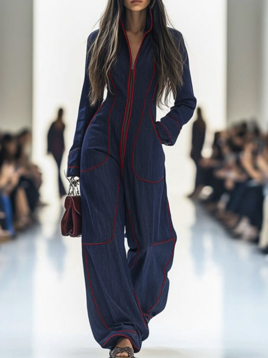 Josephine | Long Sleeve Wide Leg Denim Jumpsuit White Strapless — DEEP BLUE