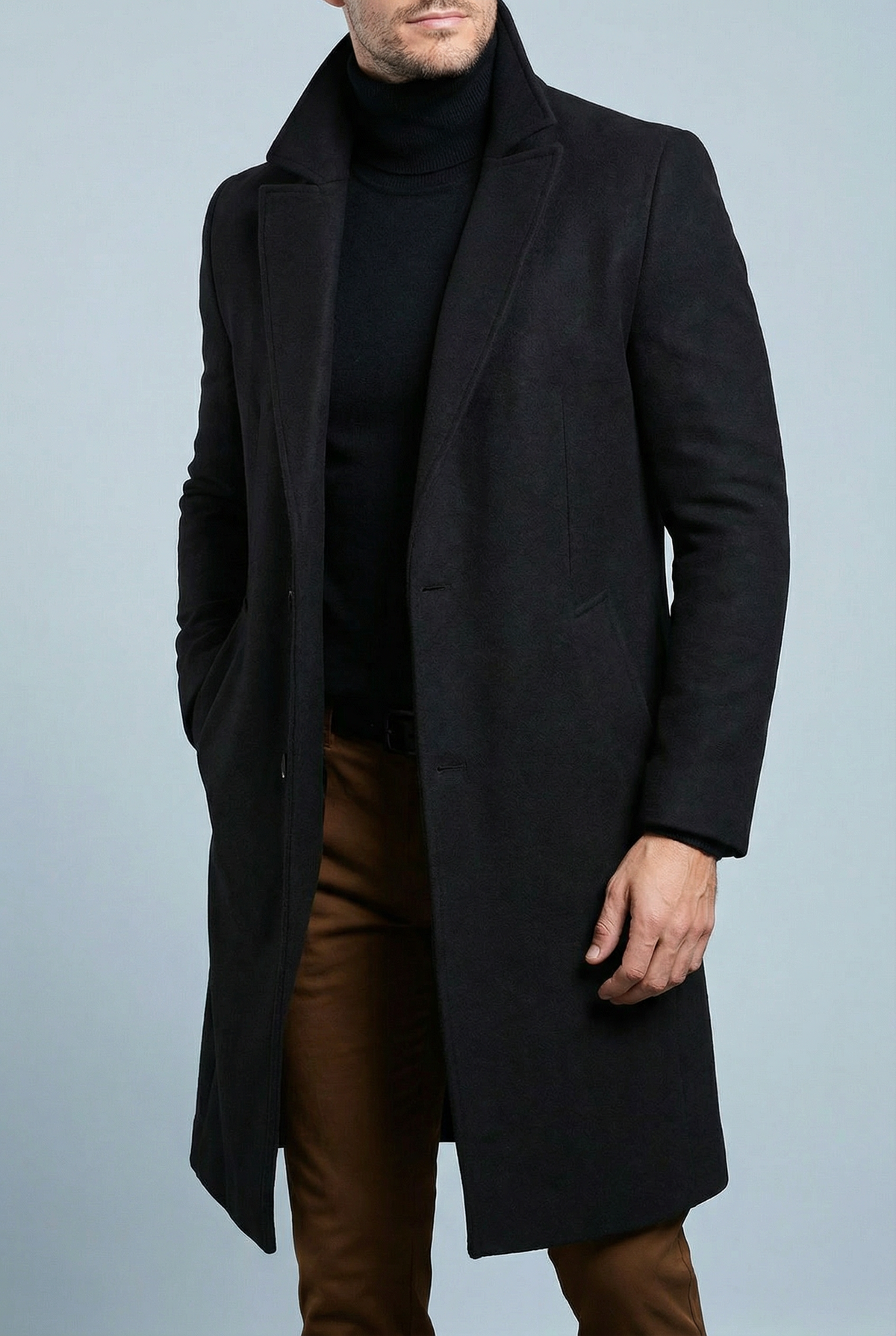 Edmund | Long Formal Wool Winter Coat Brown Overcoat — Black