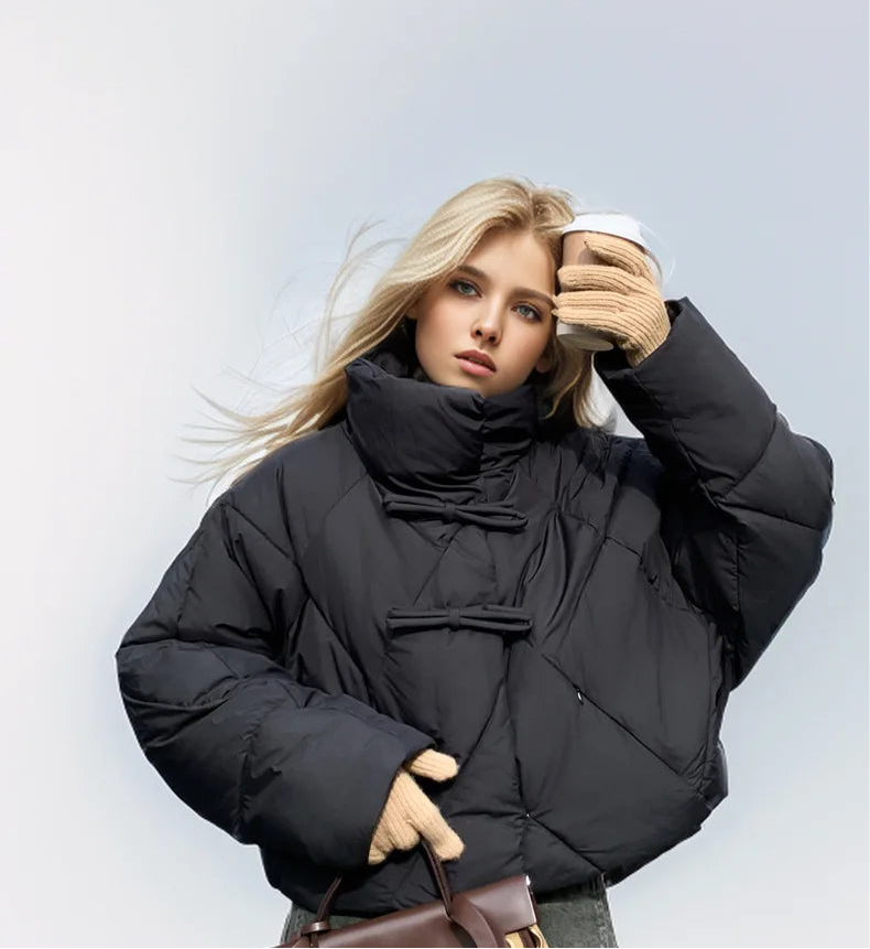 Dominique | Cropped Leather Jacket With Bow Detail For Winter