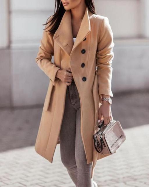 Dominique | Long Black Belted Longline Winter Coat For Women — Beige