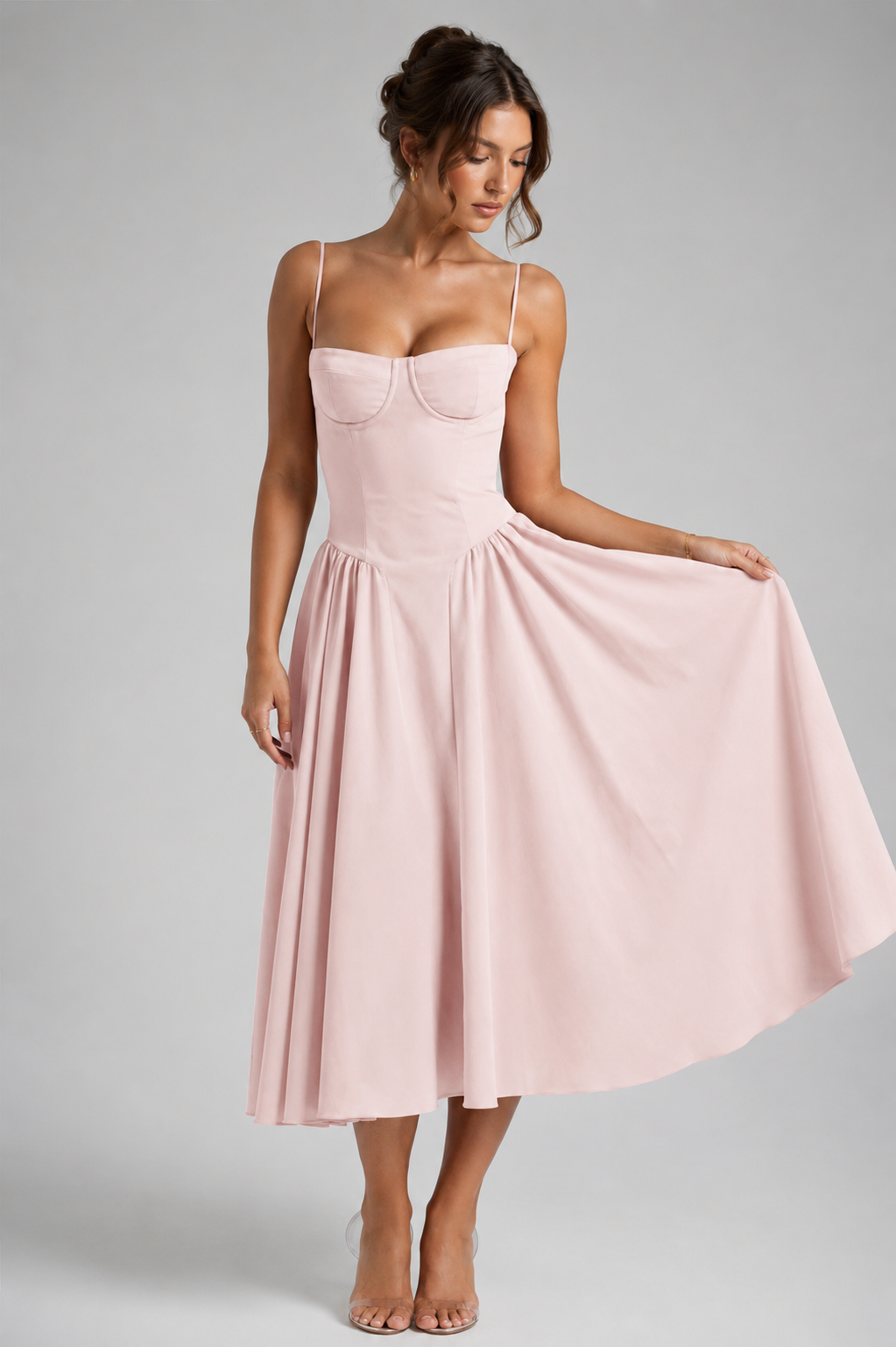 Delphine | Corset Midi Dress with Lace-Up Back & Full Skirt