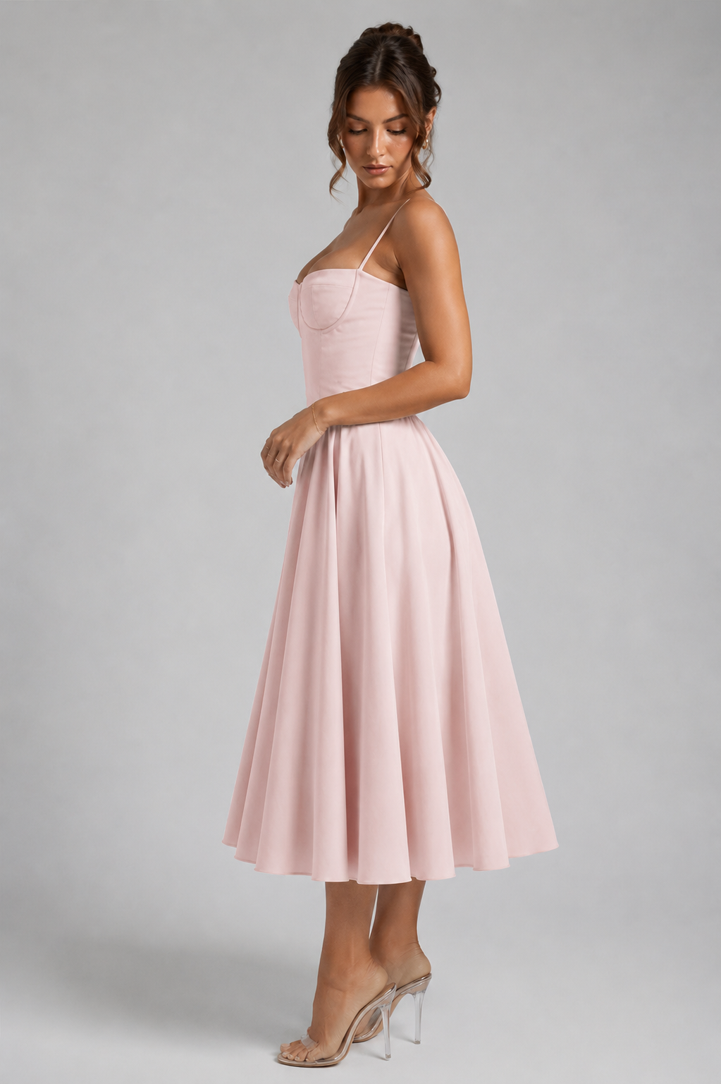 Delphine | Corset Midi Dress with Lace-Up Back & Full Skirt