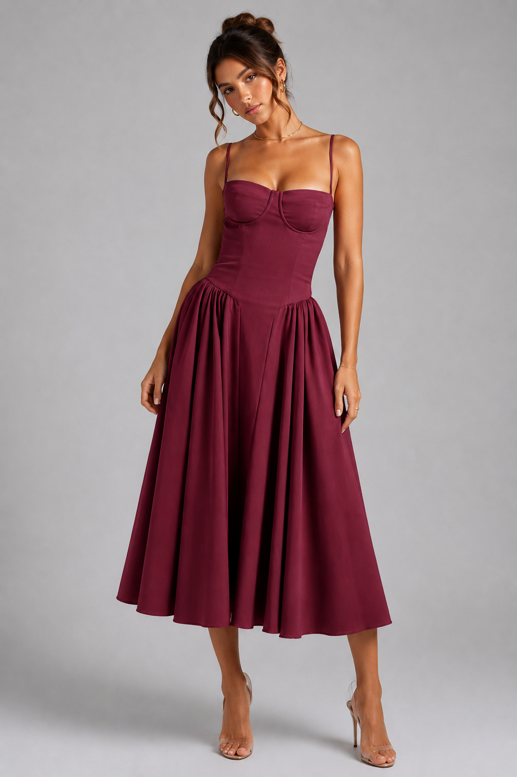 Delphine | Corset Midi Dress with Lace-Up Back & Full Skirt