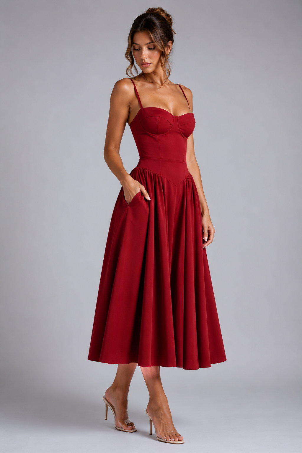 Delphine | Corset Midi Dress with Lace-Up Back & Full Skirt