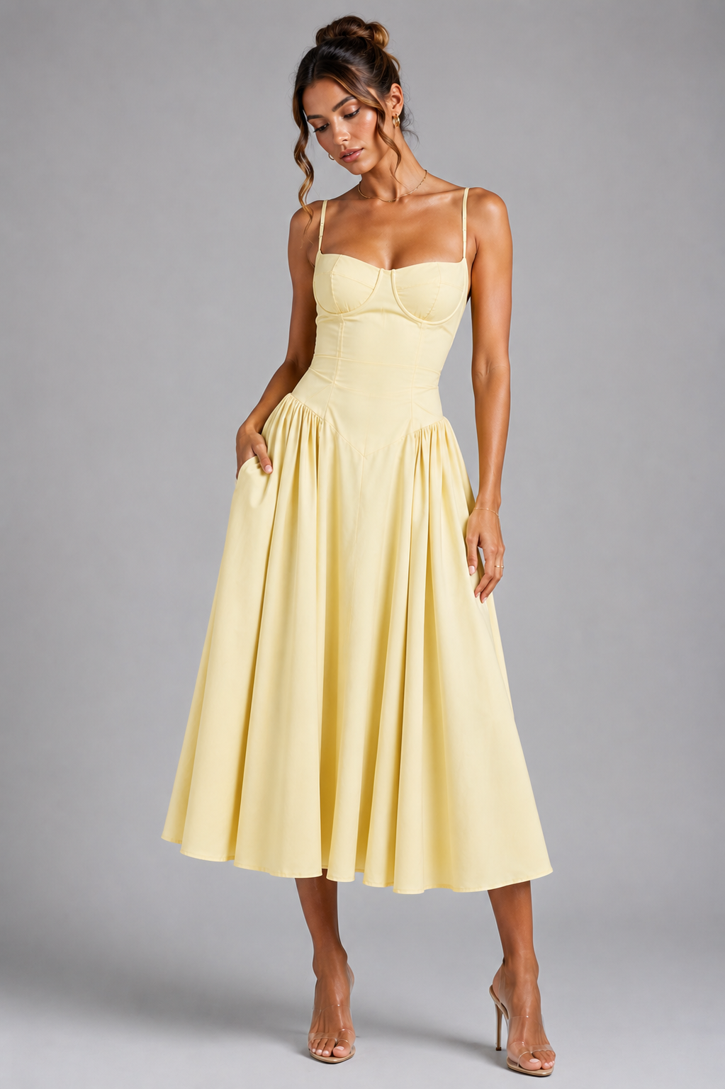 Delphine | Corset Midi Dress with Lace-Up Back & Full Skirt