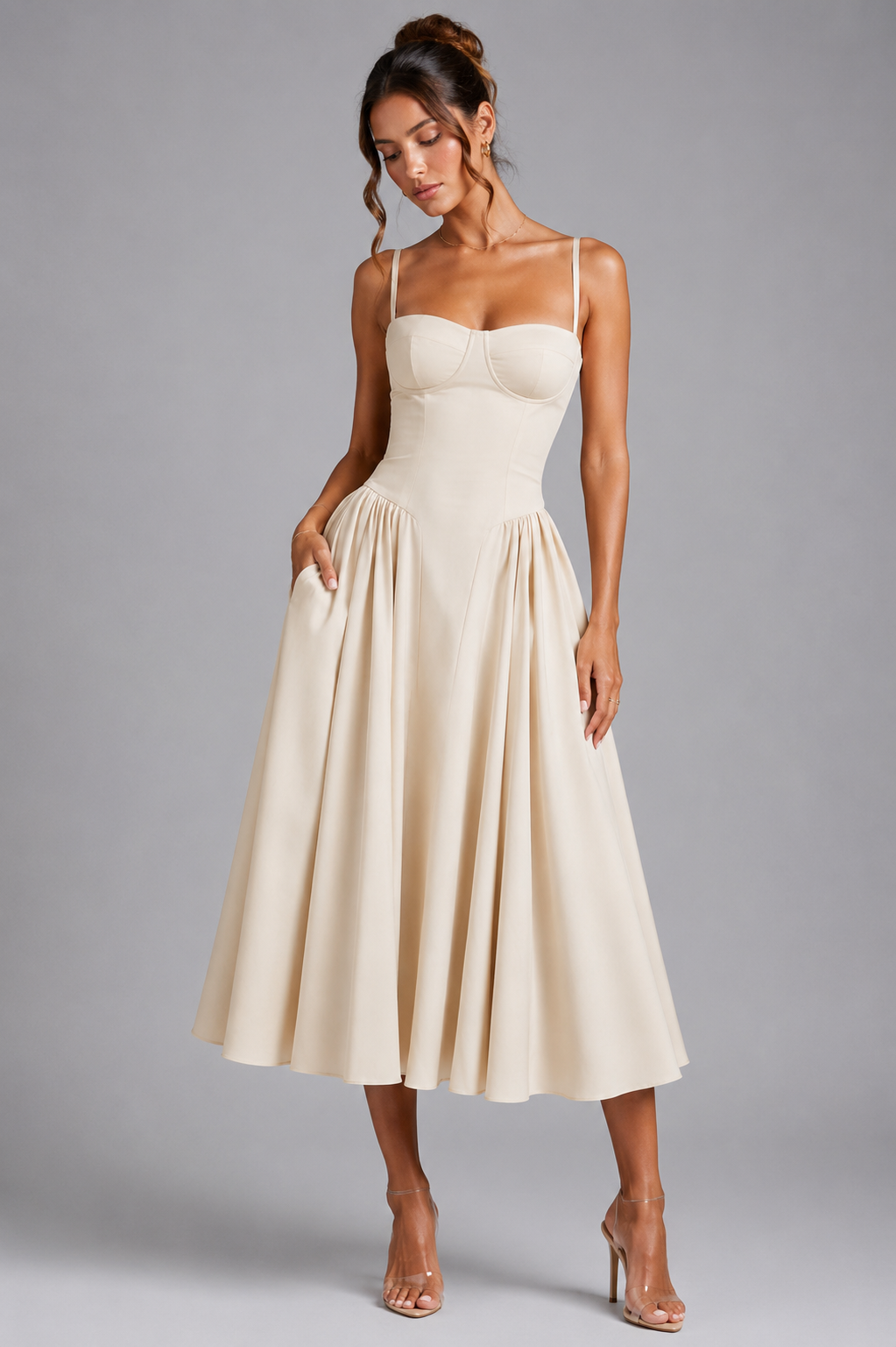 Delphine | Corset Midi Dress with Lace-Up Back & Full Skirt
