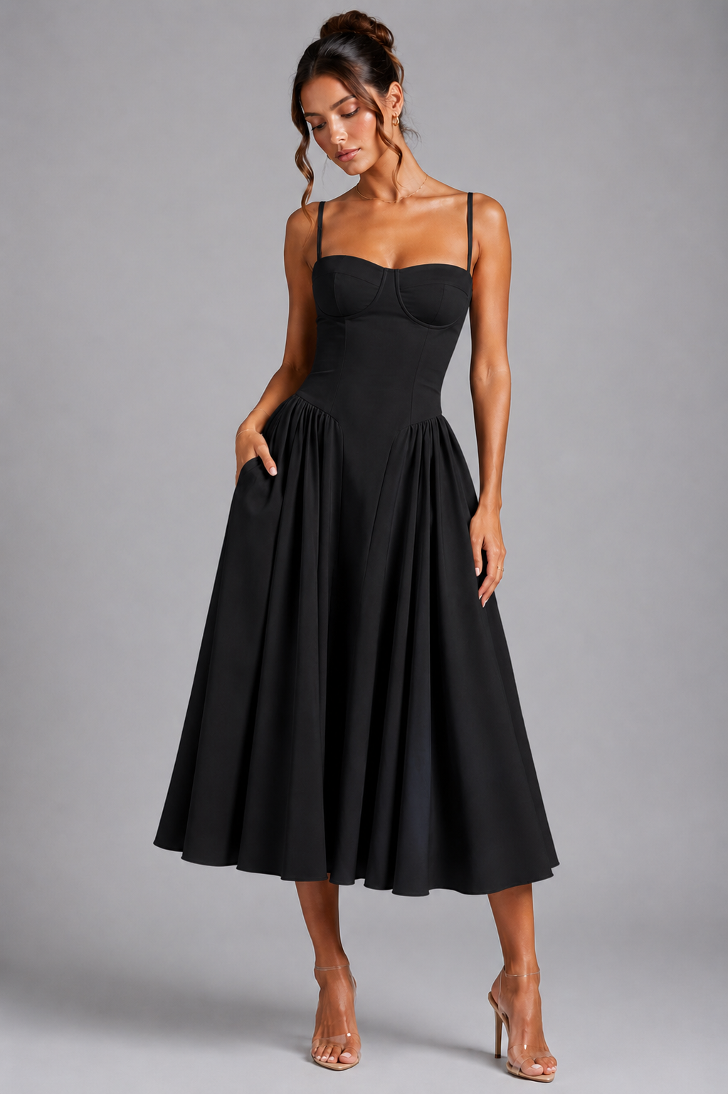 Delphine | Corset Midi Dress with Lace-Up Back & Full Skirt